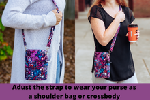 Load image into Gallery viewer, phone bag - small crossbody / shoulder bag - purple, hot pink and blue fabric - Tracey Lipman
