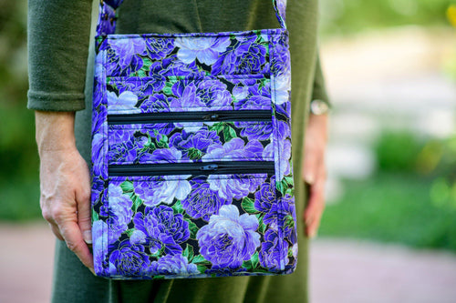 Purple floral fabric long crossbody bag for women with lots of pockets - Tracey Lipman