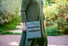 Load image into Gallery viewer, Teal and Brown fabric multi pocket long crossbody bag for women - Tracey Lipman
