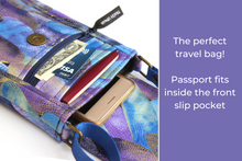 Load image into Gallery viewer, Small crossbody cell phone bag - blue purple and metallic gold fabric
