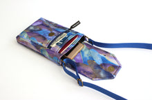 Load image into Gallery viewer, Small crossbody cell phone bag - blue purple and metallic gold fabric
