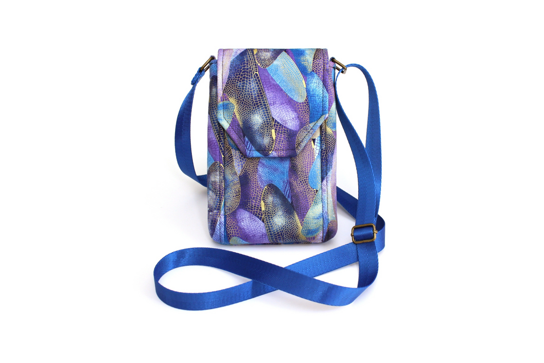 Small crossbody cell phone bag - blue purple and metallic gold fabric